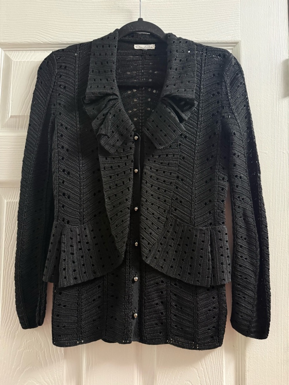 Oscar de la Renta Black Crochet Cardigan With Ruffle Collar M